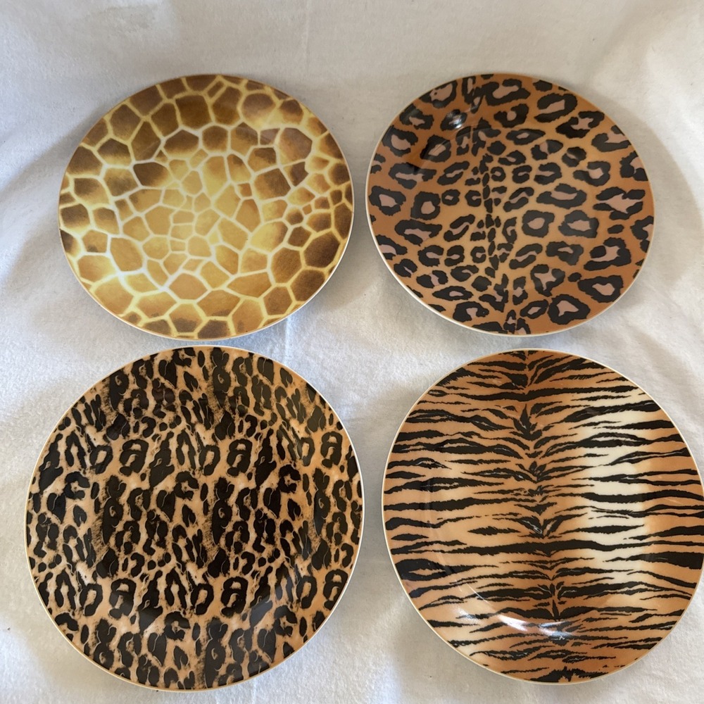 4 Godinger Salad Dessert Plates 7.5" Serengeti Safari Animal Print NEW Cheetah